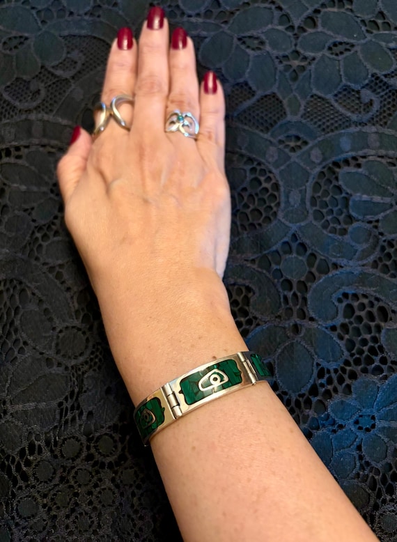 Vintage Sterling Silver Malachite Onyx Bracelet, Taxco Mexico Link Jewelry