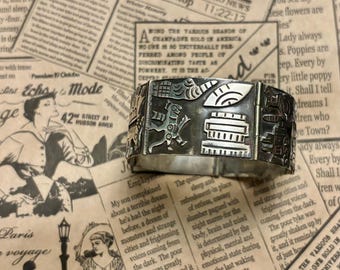 Mexican Silver Modernist Aztec Link Bracelet, Vintage Mexican 925 Sterling Aztec Imagery Oxidized Link Bracelet, Mexico Silver 925 Jewelry