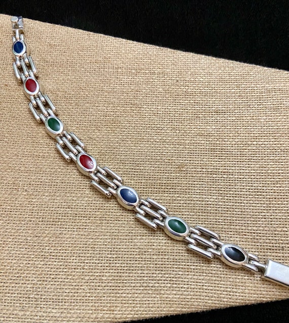 Taxco Silver Link Bracelet with Inlay Stones, Vin… - image 6