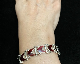 Designer Volmer Bahner Denmark Sterling Guilloche, Denmark Sterling Silver Guilloche, Chevron Red Enamel Link Bracelet