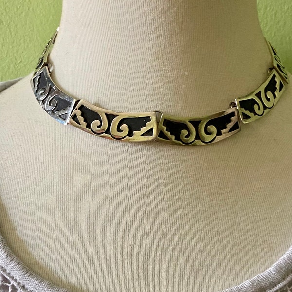 Vintage Taxco Sterling Silver Choker Necklace, Mexican Silver Link Necklace, Heavy Modernist Silver Link Necklace