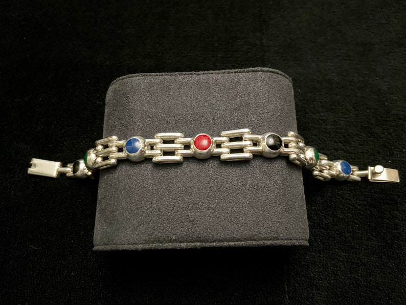 Taxco Silver Link Bracelet with Malachite & Onyx Stones, Vintage shops Taxco Sterling 925 Square Link Bracelet, Vintage Mexican Jewelry