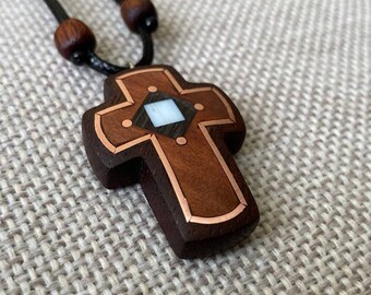 Handcrafted Wooden Cross with Copper & Mother-of-Pearl Inlays - Unique Artisan Piece, Pendant, Gift