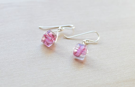 Modern cube pink glass bead drop earrings