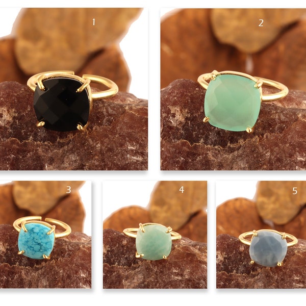 12 mm Cushion Gemstone Ring, Gemstone Gold Plated Adjustable Rings, Handmade Cut Ring Gift For Her, Onyx Ring Amazonite Ring, Turquoise Ring