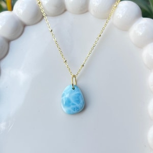 Good Quality Larimar Necklace, Gold Plated Necklace, Natural Gemstone, Cable Link Chain, Natural Larimar gemstone necklace, Larimar Necklace