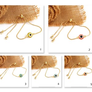 May include: Five gold chain bracelets with adjustable sliding knots. Each bracelet features a different colored evil eye charm: yellow, red, green, blue, and orange.