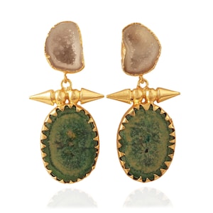 White Geode Druzy Green Solar Quartz Dangle Earring, Gold Plated Push Back Earring, Druzy Geode Statement Earring, Agate Solar Stud Earring