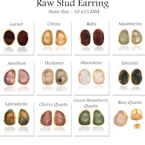 Könnte beinhalten: Eine Auswahl an rohen Edelstein-Ohrsteckern in verschiedenen Farben, darunter Granat, Citrin, Rubin, Aquamarin, Amethyst, Herkimer, Mondstein, Smaragd, Labradorit, Kirschquarz, grüner Erdbeerquarz und Rosenquarz. Jeder Ohrstecker ist mit einem 10 x 15 mm Stein besetzt.