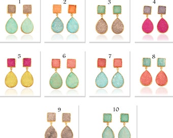 Pendientes de drusa chapados en oro: pendientes colgantes de ágata, joyería de hojas