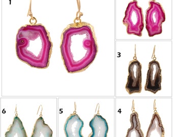 A-14873 Fabulous Handmade Agate Slice Druzy Earrings DIY Component Pairs Gold Edge With Electroplated Earring Double Bail Connect Earrings
