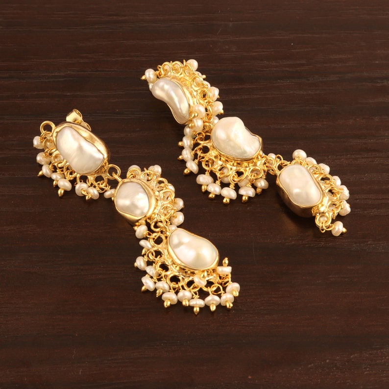 Freshwater Pearl Earring Baby Pearl Gold Plated Stud Dangle Handmade Earrings, Gift For Her Wedding Earrings Bridal Earrings Wedding jewelry image 3