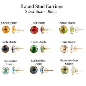 Peut inclure: Assortiment de boucles d'oreilles rondes à clous de 10 mm de diamètre, dans différentes couleurs, notamment quartz citrine, quartz rouge, quartz péridot, quartz iolite, quartz vert, quartz clair, quartz bleu suisse, quartz bleu londonien et quartz améthyste verte.