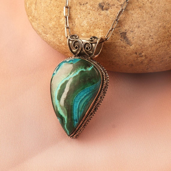 Green Chrysocolla Malachite Gemstone Necklace, Natural Malachite Pendant  Necklace, German Silver Plated Chain Necklace, Necklace For Woman