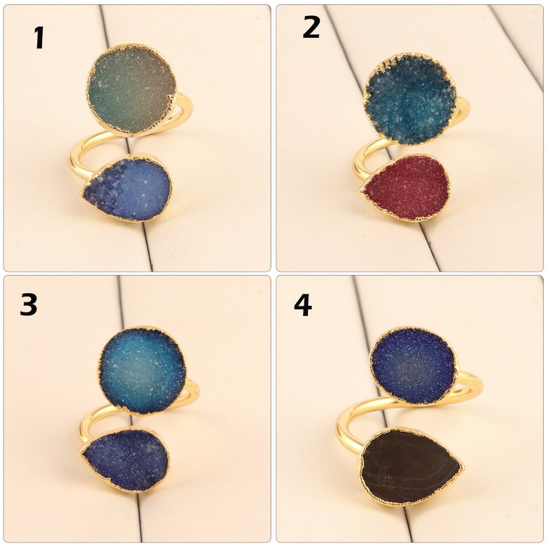 Charming Natural Double Sugar Druzy Gold Plated Adjustable Ring Gemstone Jewelry Charming Natural Double Sugar Druzy Gold Plated Adjustable Ring Gemstone Jewelry