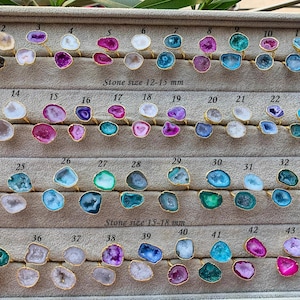 Crystal Geode Open Rings, Colorful Natural Geode Druzy Gold Plated Adjustable Rings, Crystal Druzy Rings, Geode Druzy Open Ring Gift For Her