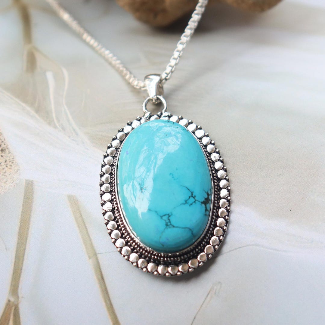 Natural Turquoise Pendant Necklace: German Silver, Oval Gemstone