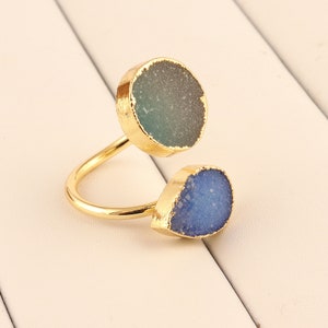Charming Natural Double Sugar Druzy Gold Plated Adjustable Ring Gemstone Jewelry Charming Natural Double Sugar Druzy Gold Plated Adjustable Ring Gemstone Jewelry