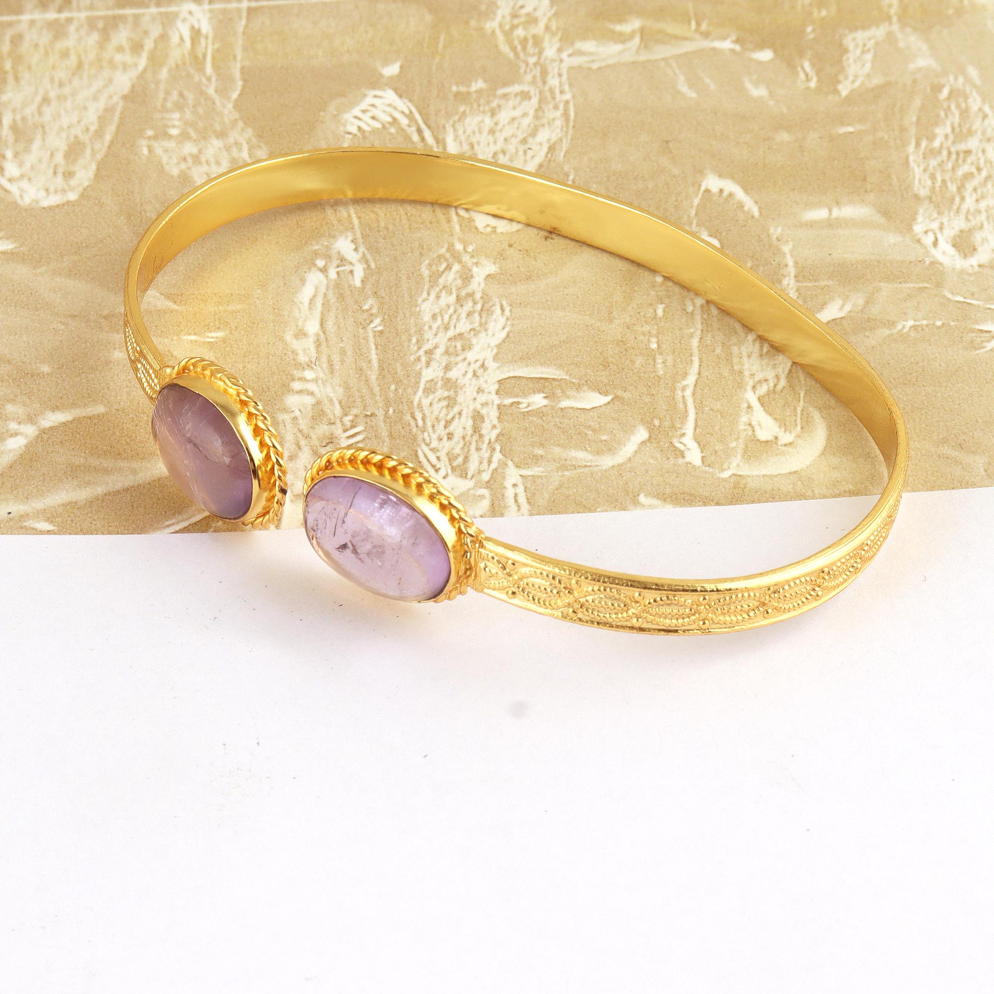 Bracelet Jonc - Améthyste Et Perle De Culture - Plaqué Or Jaune - Rose-Mimosa (Neuf Avec étiquettes)