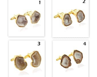Handmade Gold Plated Geode Druzy Cufflinks: Natural Crystal Gemstone