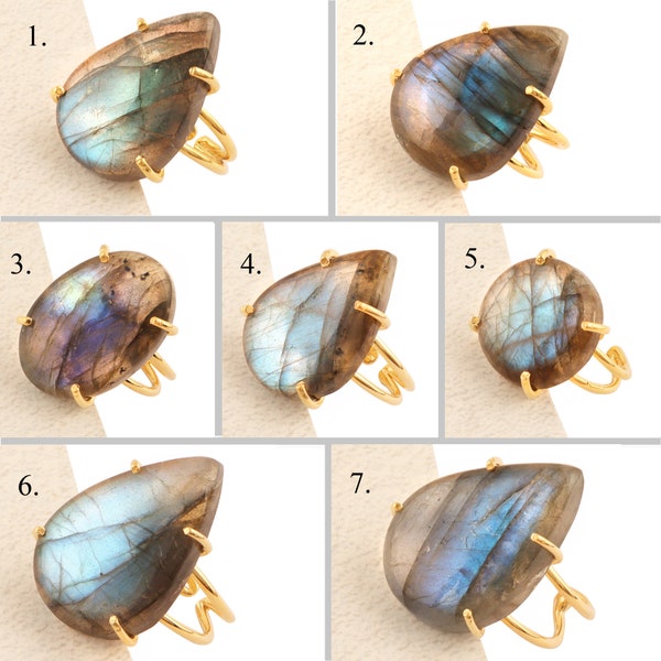 Blue Fire Labradorite Ring, Natural Spectrolite Labradorite Gold Plated Adjustable Rings, Black Rainbow, Prong Setting Statement Rings Women