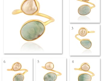 Anillos de perlas de agua dulce Anillo larimar abierto / Anillos ajustables hechos a mano chapados en oro de perlas reales / Anillos de declaración Anillo larimar dominicano