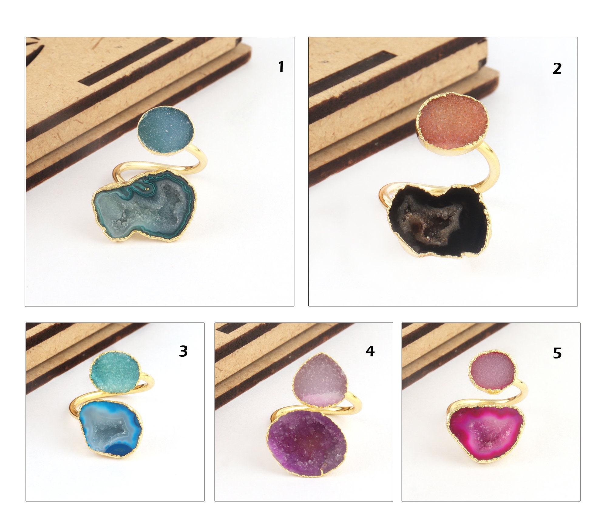 Charming Natural Double Sugar Druzy Gold Plated Adjustable Ring Gemstone Jewelry Charming Natural Double Sugar Druzy Gold Plated Adjustable Ring Gemstone Jewelry