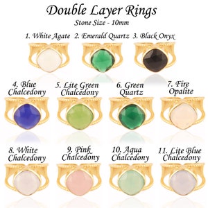Cushion Shape Chalcedony Quartz Gemstone Rings, Double Layer Statement Rings, Yellow Gold Plated Rings, Collet Set Rings, Adjustable Rings