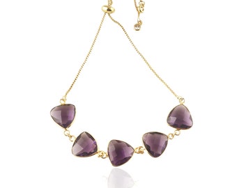 Pulsera deslizante de cuarzo amatista: pulsera ajustable con piedras preciosas bañada en oro