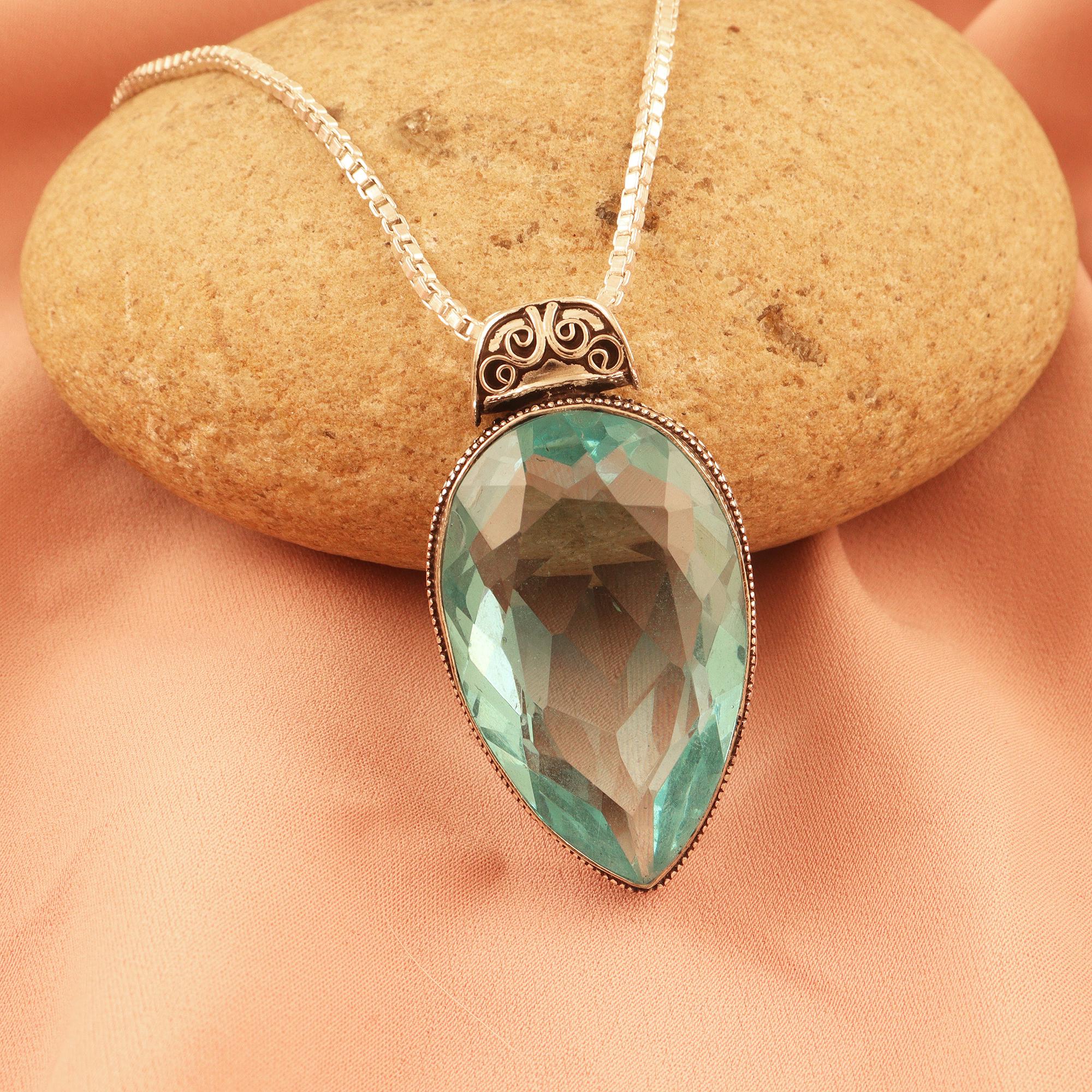 Swiss Blue Quartz Pendant Necklace: Silver Plated Pear Gemstone - Etsy