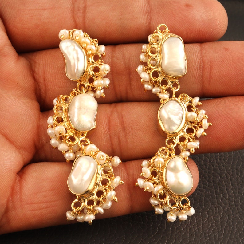 Freshwater Pearl Earring Baby Pearl Gold Plated Stud Dangle Handmade Earrings, Gift For Her Wedding Earrings Bridal Earrings Wedding jewelry image 6