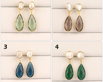 Freshwater Pearl Drop Earrings: Hydro Quartz Gold Plated Dangle Earrings