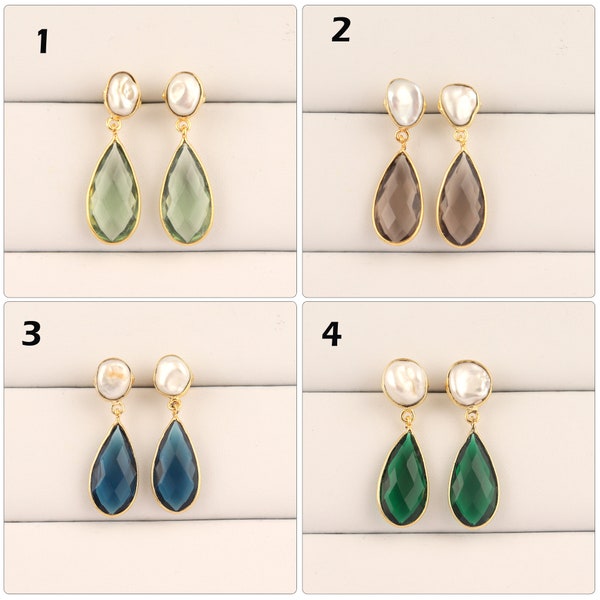 Boucle d’oreille perle d’eau douce | Boucles d’oreilles pendantes plaquées or Hydro Quartz, ensemble de lunette en perles, boucles d’oreilles en quartz émeraude, boucle d’oreille en pierre de naissance