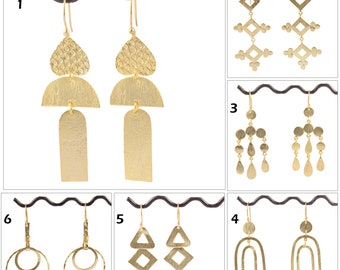 Matte Gold Plated Brass Dangle Earrings: Hammered Style Statement Earrings