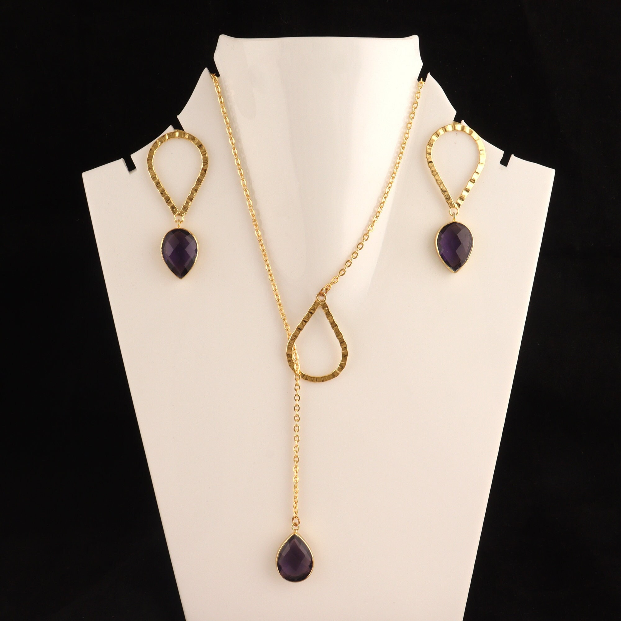 Demi-parure Vintage : Pendentif Et Boucles D'oreilles Percées Avec Pierres Violettes - Ton Or