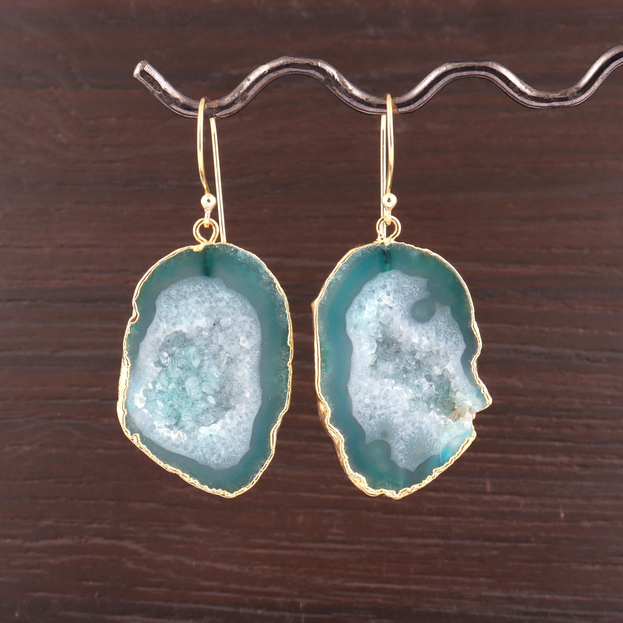 Unique Geode Earrings Natural Geode Druzy 24k Gold Plated Drop Etsy