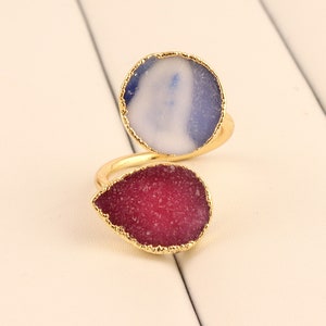Charming Natural Double Sugar Druzy Gold Plated Adjustable Ring Gemstone Jewelry Charming Natural Double Sugar Druzy Gold Plated Adjustable Ring Gemstone Jewelry