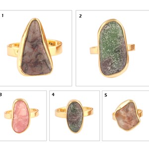 Ruby Jusite Ring | Natural Gemstone Gold Plated Adjustable Ring, Plain Polished Agate Ring Rhodochrosite Collet Set Ring Tutela Jasper Ring