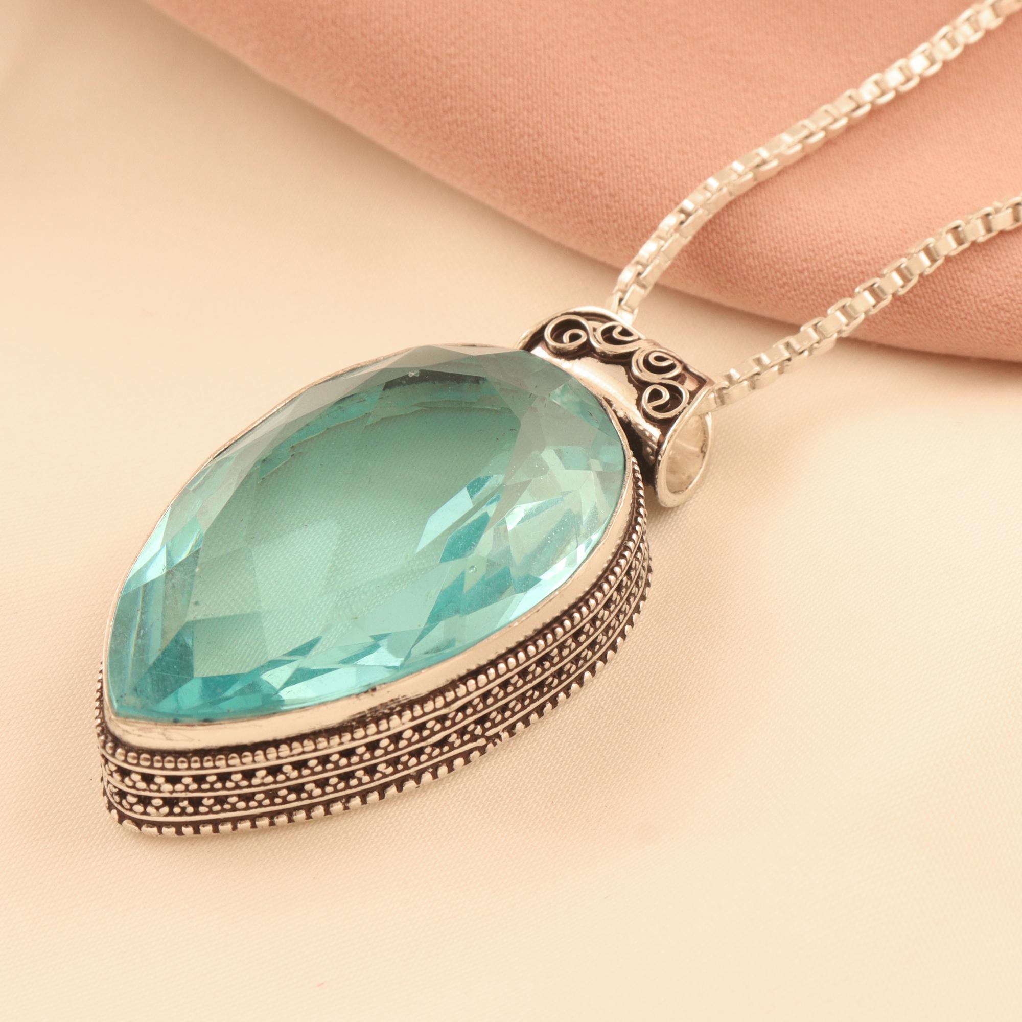Swiss Blue Quartz Pendant Necklace: Silver Plated Pear Gemstone - Etsy