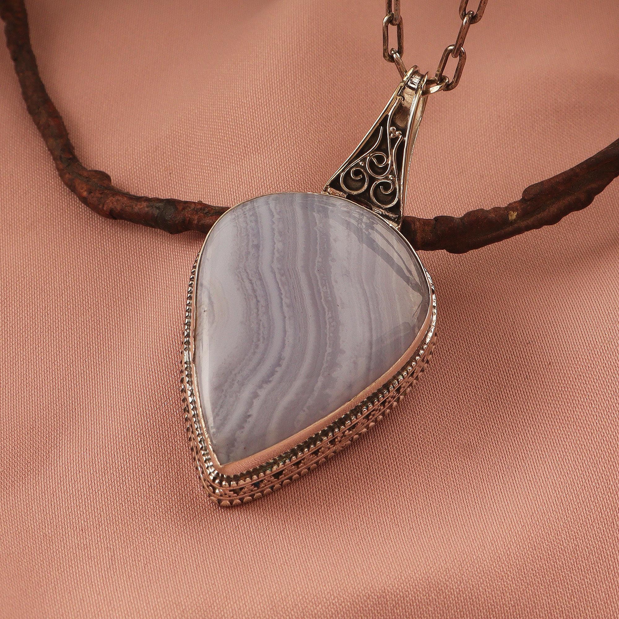 Buy Blue Lace Agate Pendant Necklace: Vintage German Silver Plated