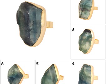 Big Raw Fluorite Ring | Natural Multi Raw Fluorite Gold Plated Adjustable Ring, Multi Fluorite Ring Statement Ring Rough Ring Boho Jewelry