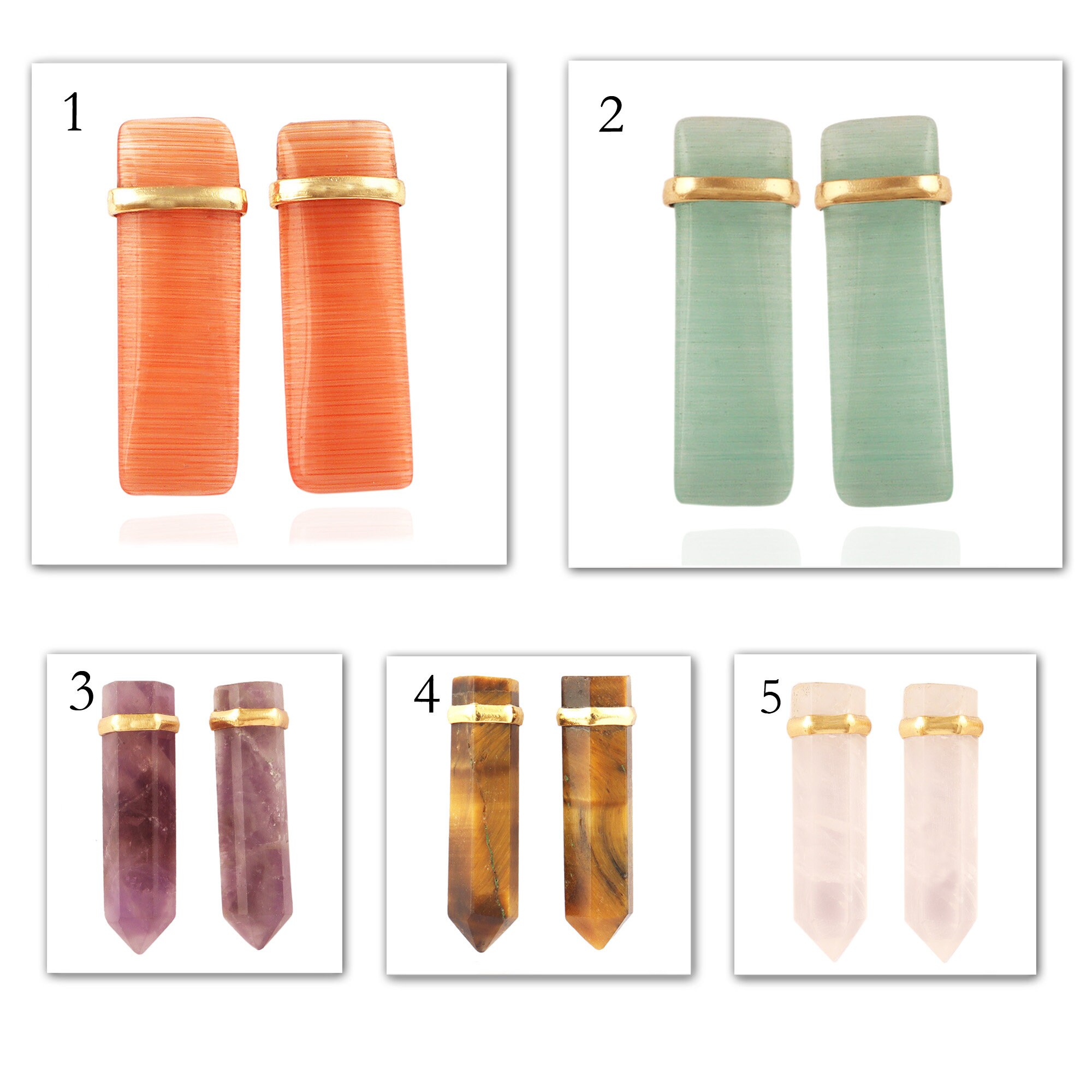 Gemstone Obelisk Stud Earrings: Gold Plated Brass, Amethyst, Tiger Eye