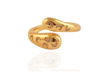Gold Plated Brass Open Ring: Chunky Adjustable Zirconia Statement