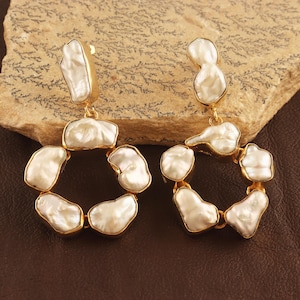 Natural Baroque Pearl Dangle Earrings, Baroque Pearl Gold Plated Handmade Earrings, Wedding Bridal Jewelry, Pearl Bridal Earrings Gift Her