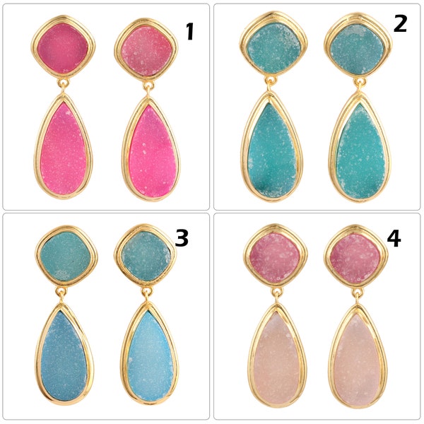 Druzy Ohrstecker Ohrringe | Kissen mit Birnenform Zucker Druzy Vergoldet Ohrstecker Ohrringe | Statement Ohrringe | Kristall Druzy Schmuck