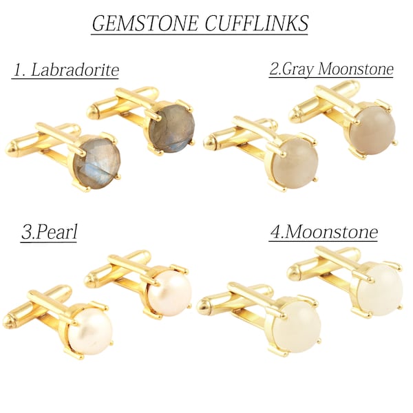 Gemstone Cufflinks, Natural Gemstone Gold Plated Prong Cufflinks, Minimalism Cufflinks, Groom Cufflink, Round Cufflink, Handmade Cufflinks