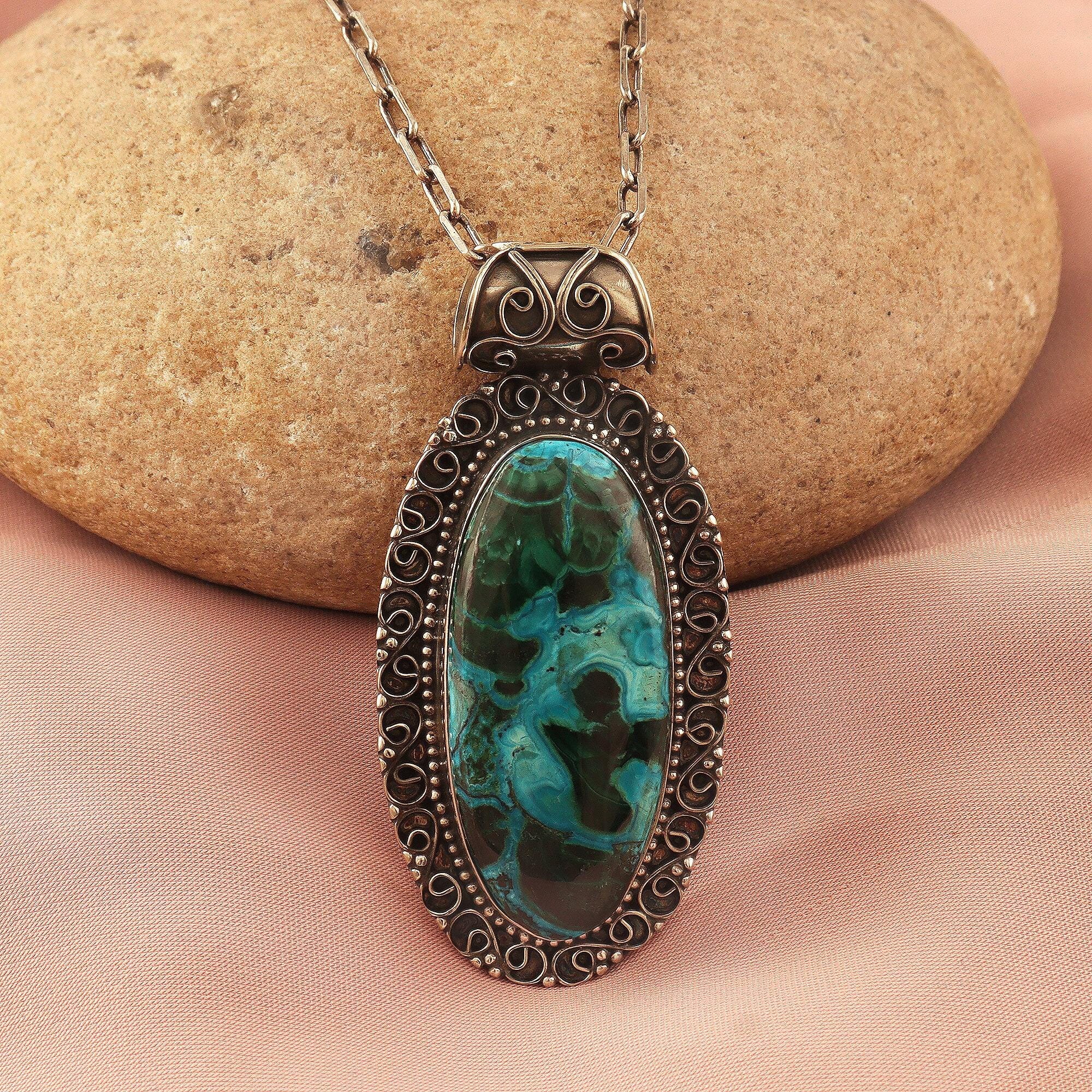 Green Malachite Pendant Necklace, Natural Chrysocolla Malachite Gemstone Necklace,  Large Malachite Pendant, German Silver Plated Necklace