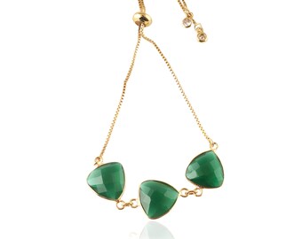 Pulsera deslizante, Cuarzo verde trillón con pulsera ajustable chapada en oro de cuarzo CZ redonda, Pulsera de cadena de piedras preciosas, Pulsera boho para ella