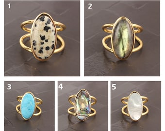 Anillo de piedra preciosa chapado en oro de 24 k: anillo de latón ajustable de doble banda