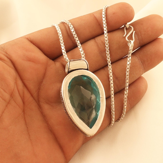 Swiss Blue Quartz Pendant Necklace: Silver Plated Pear Gemstone - Etsy